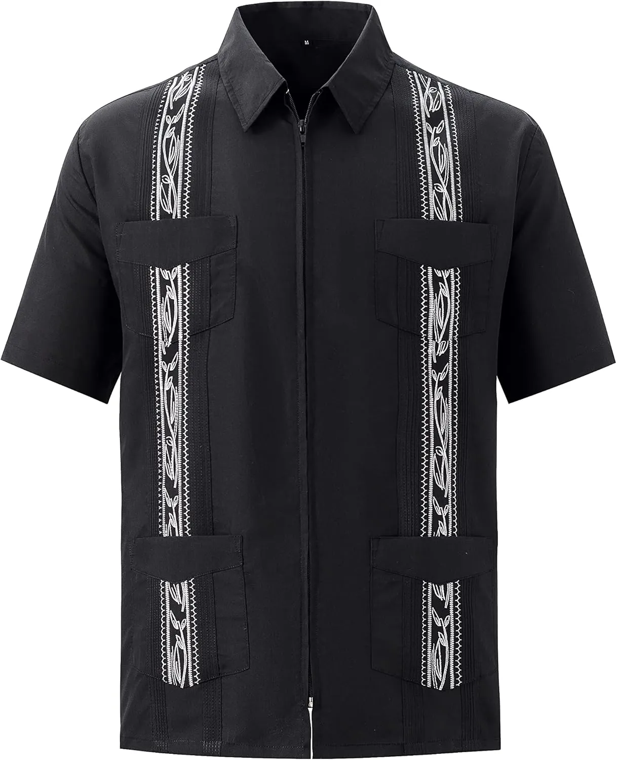 MAXJON Men's Short Sleeve Cuban Guayabera Shirts Full Zip Front Mexican Hawaiian Shirt with Pocket