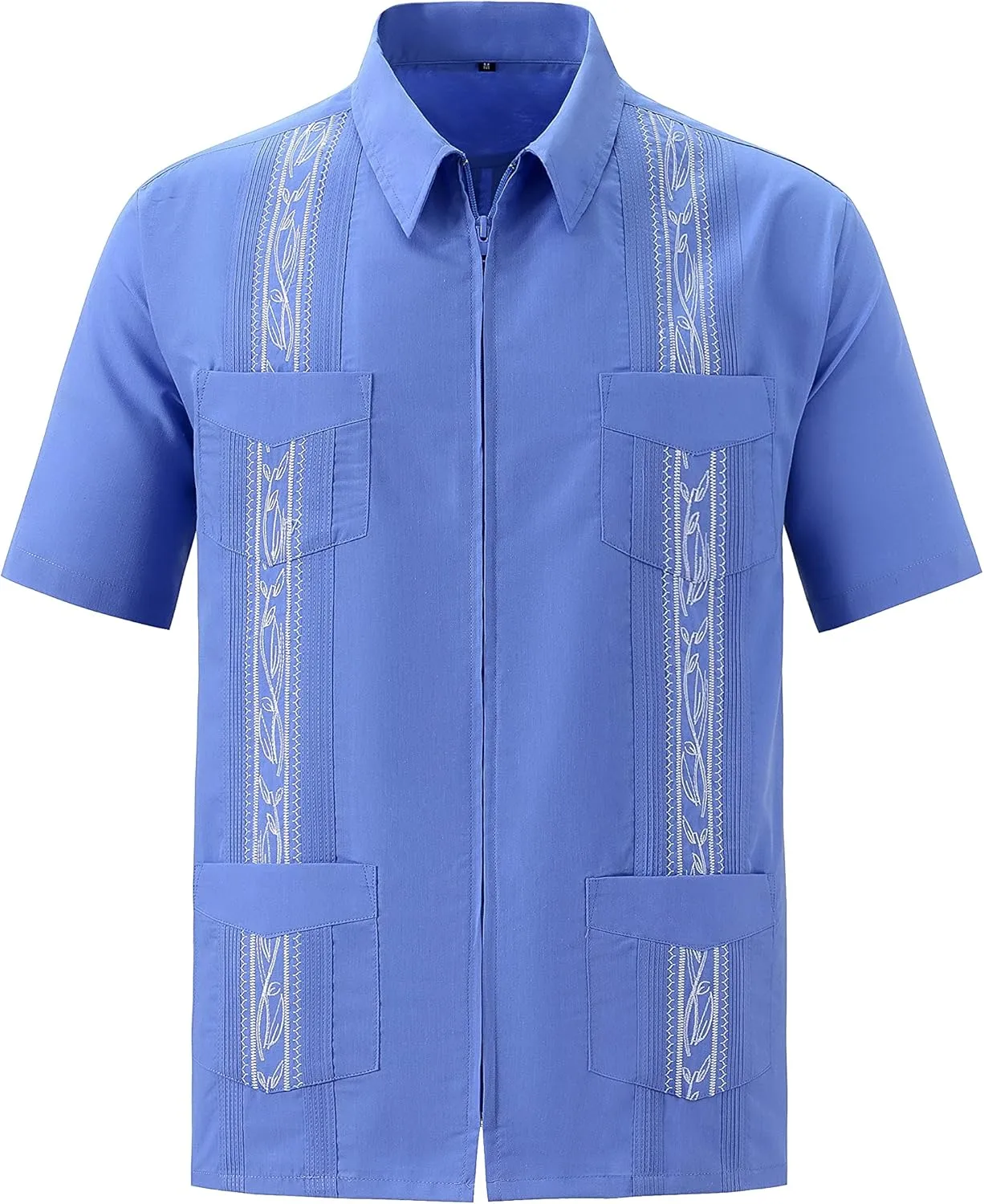 MAXJON Men's Short Sleeve Cuban Guayabera Shirts Full Zip Front Mexican Hawaiian Shirt with Pocket