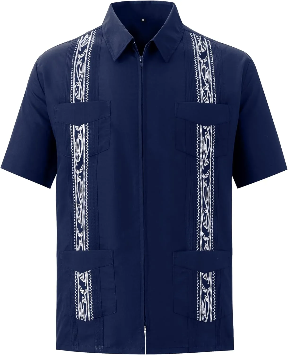 MAXJON Men's Short Sleeve Cuban Guayabera Shirts Full Zip Front Mexican Hawaiian Shirt with Pocket