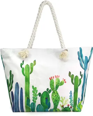 Me Plus Women Summer Large Beach Tote Bag Top Zipper Closure Braided Rope Handles Inner Pocket