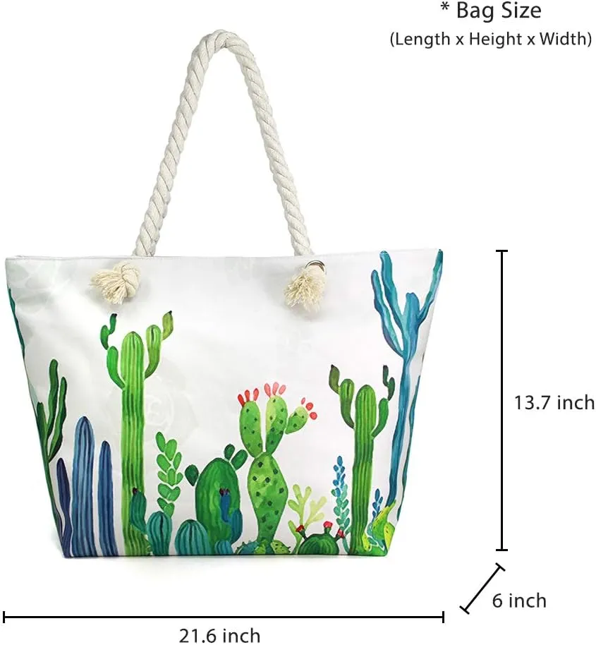 Me Plus Women Summer Large Beach Tote Bag Top Zipper Closure Braided Rope Handles Inner Pocket