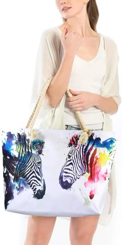 Me Plus Women Summer Large Beach Tote Bag Top Zipper Closure Braided Rope Handles Inner Pocket