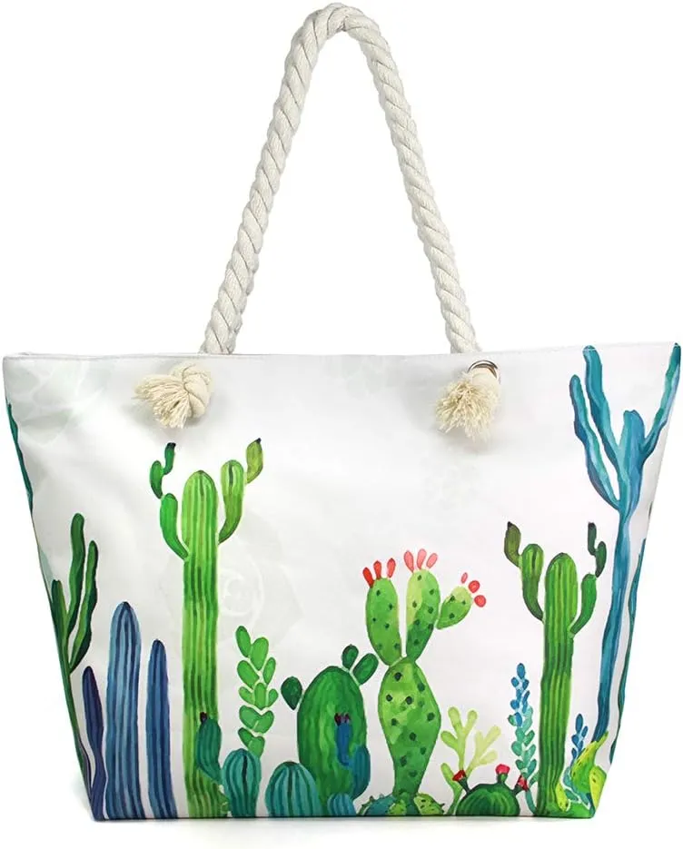 Me Plus Women Summer Large Beach Tote Bag Top Zipper Closure Braided Rope Handles Inner Pocket