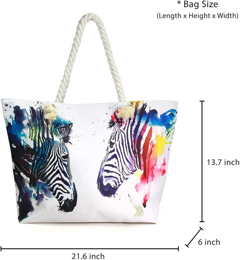 Me Plus Women Summer Large Beach Tote Bag Top Zipper Closure Braided Rope Handles Inner Pocket