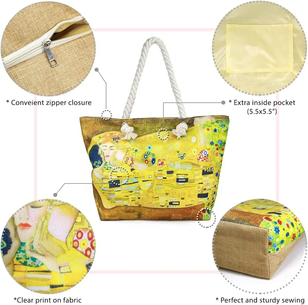 Me Plus Women Summer Large Beach Tote Bag Top Zipper Closure Braided Rope Handles Inner Pocket