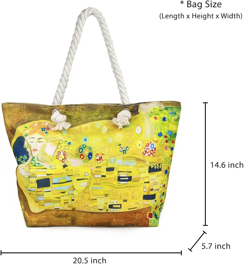 Me Plus Women Summer Large Beach Tote Bag Top Zipper Closure Braided Rope Handles Inner Pocket