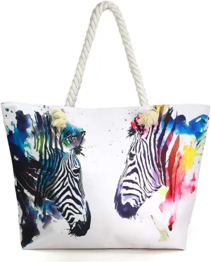 Me Plus Women Summer Large Beach Tote Bag Top Zipper Closure Braided Rope Handles Inner Pocket