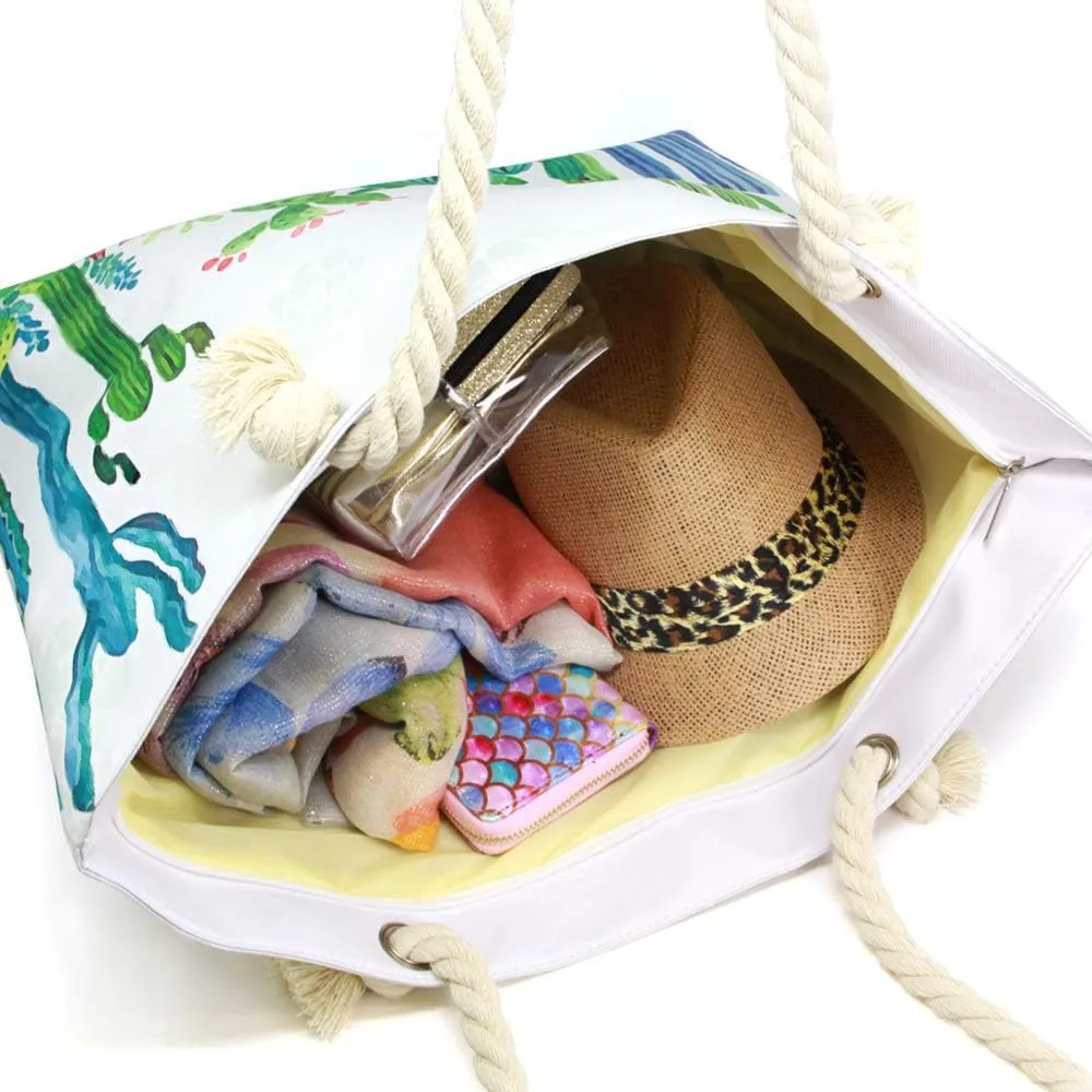 Me Plus Women Summer Large Beach Tote Bag Top Zipper Closure Braided Rope Handles Inner Pocket