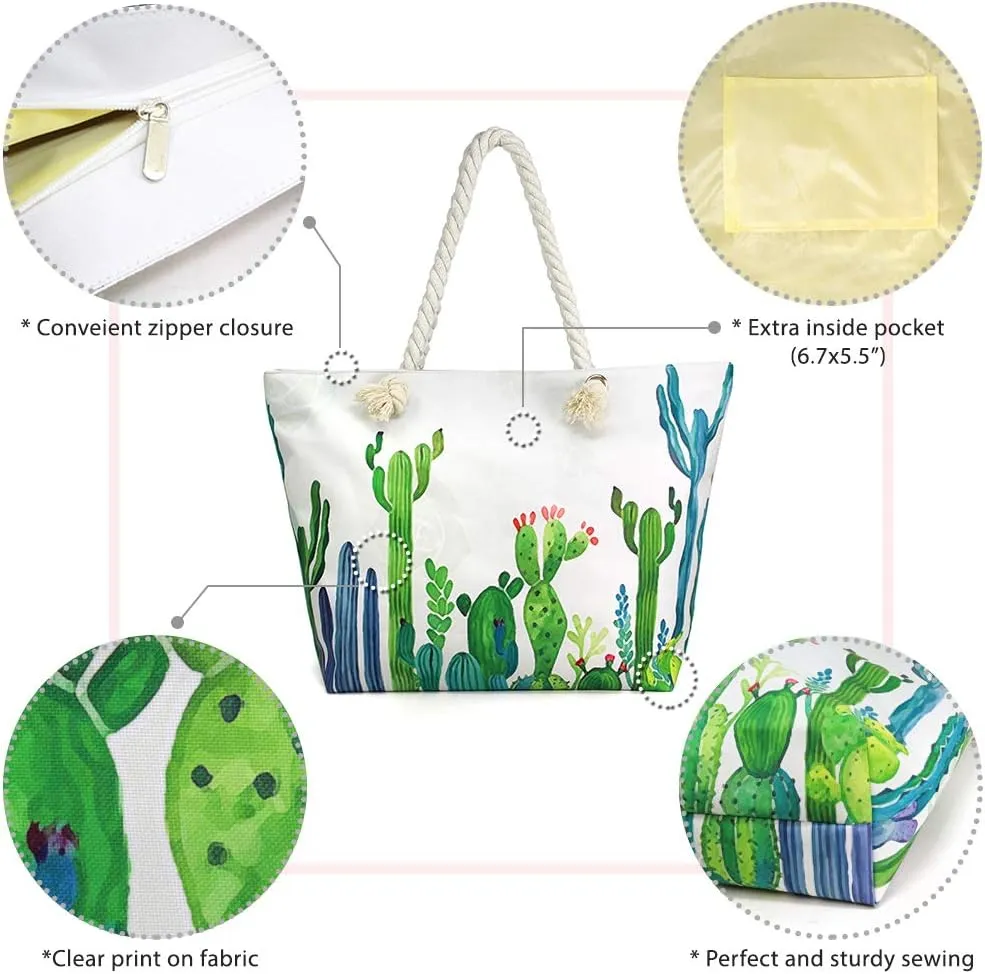 Me Plus Women Summer Large Beach Tote Bag Top Zipper Closure Braided Rope Handles Inner Pocket