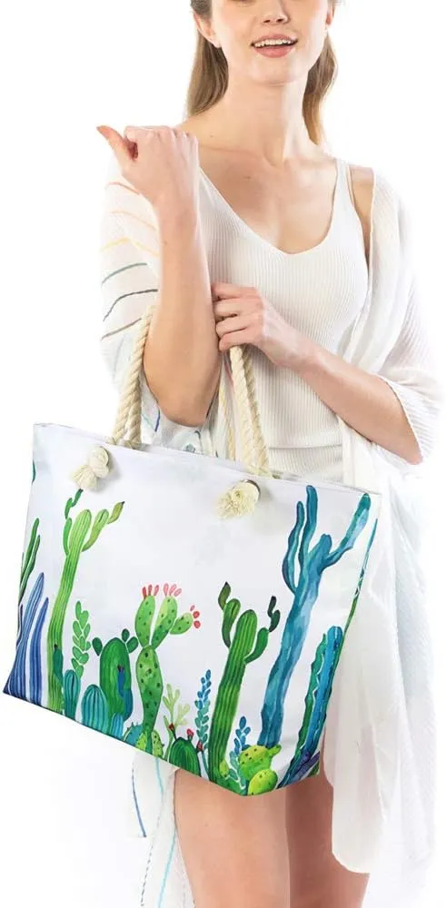 Me Plus Women Summer Large Beach Tote Bag Top Zipper Closure Braided Rope Handles Inner Pocket