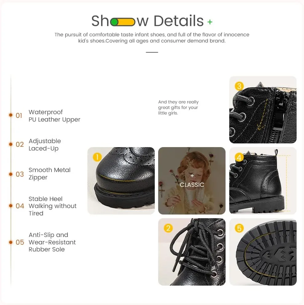 Meckior Toddler Girls Boys Combat Ankle Boots Little Kid Zipper Lace Up Waterproof Outdoor Chelsea Booties Leather Fashion School Uniform Dress Boots