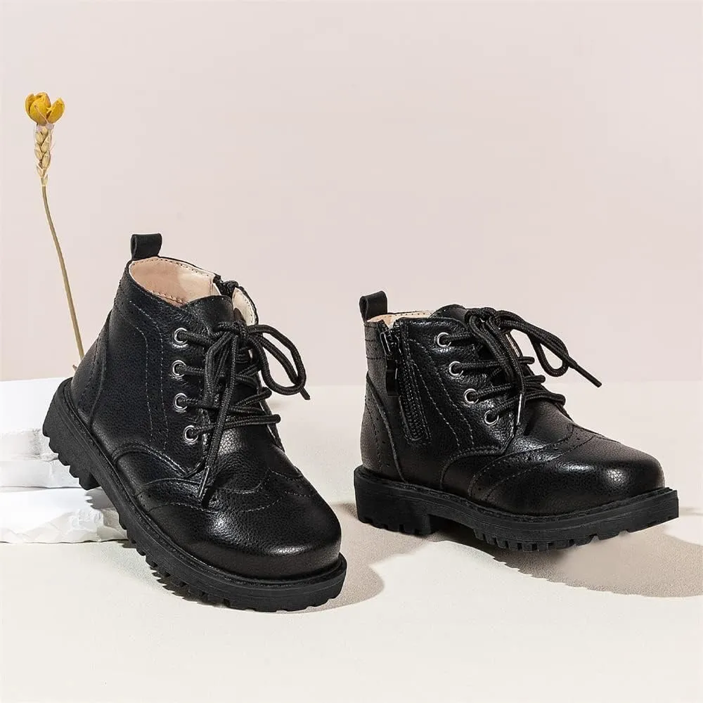 Meckior Toddler Girls Boys Combat Ankle Boots Little Kid Zipper Lace Up Waterproof Outdoor Chelsea Booties Leather Fashion School Uniform Dress Boots