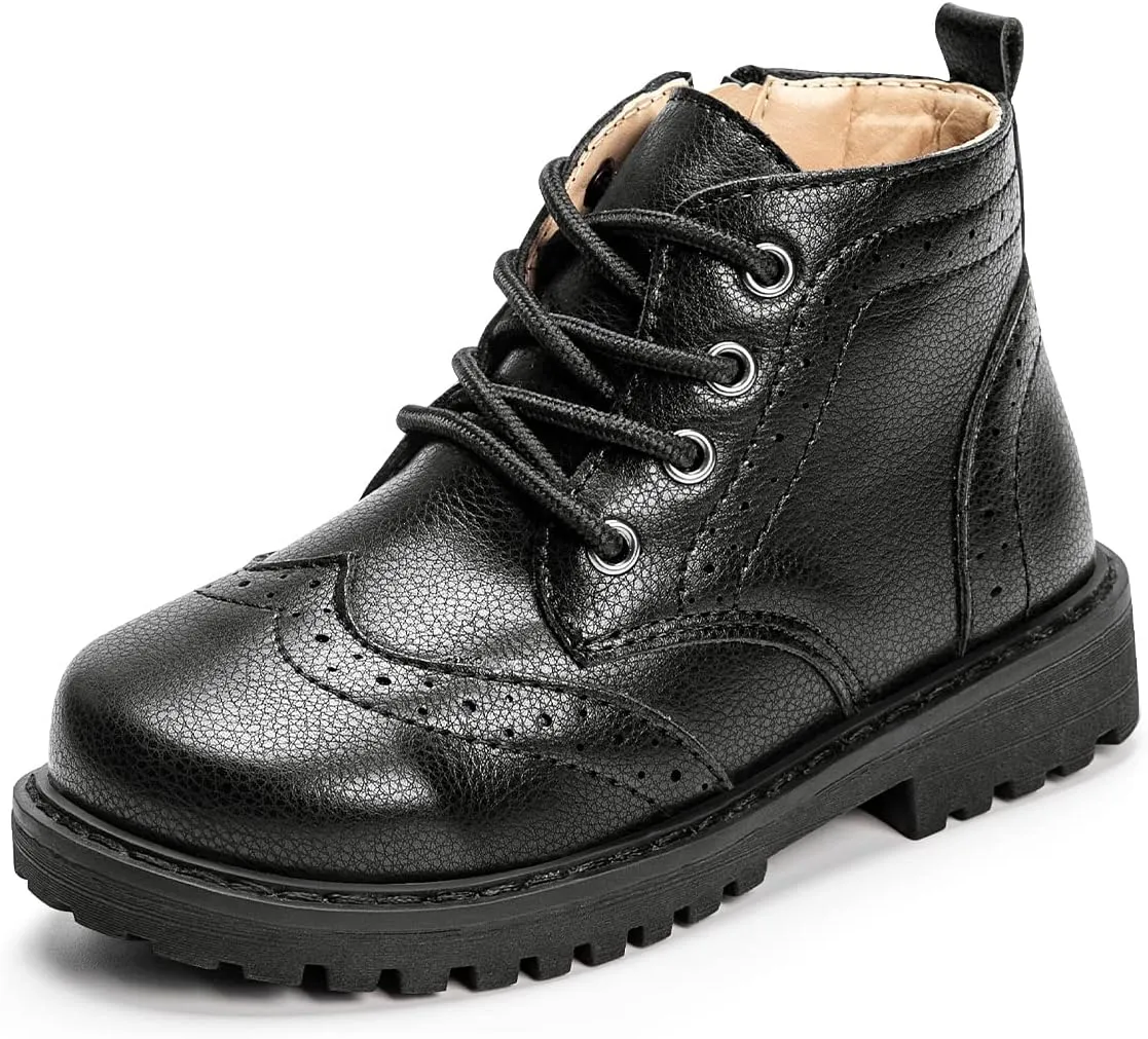 Meckior Toddler Girls Boys Combat Ankle Boots Little Kid Zipper Lace Up Waterproof Outdoor Chelsea Booties Leather Fashion School Uniform Dress Boots