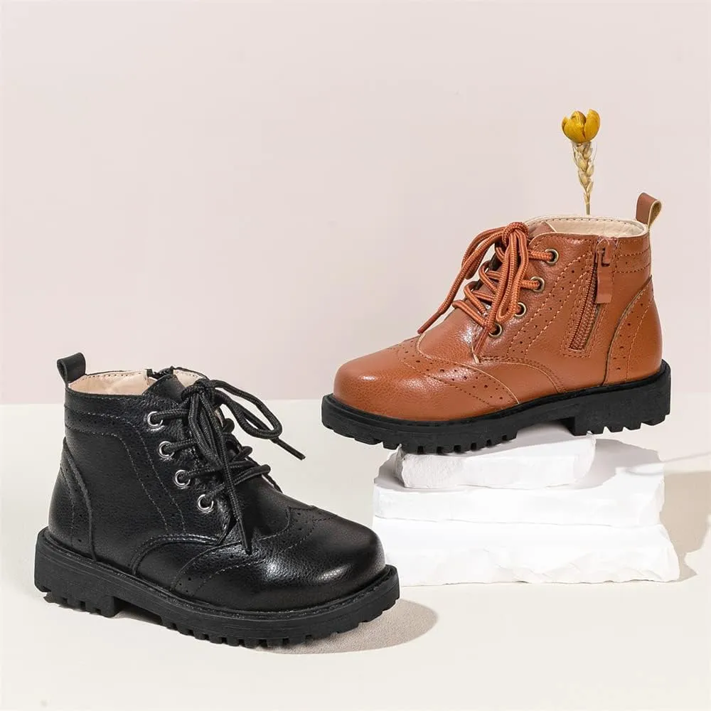 Meckior Toddler Girls Boys Combat Ankle Boots Little Kid Zipper Lace Up Waterproof Outdoor Chelsea Booties Leather Fashion School Uniform Dress Boots