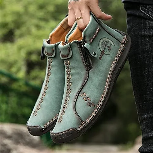 Medieval Boots Leather Renaissance Outdoor Casual Fashion Zipper Slip On Boots for Women Blue Green