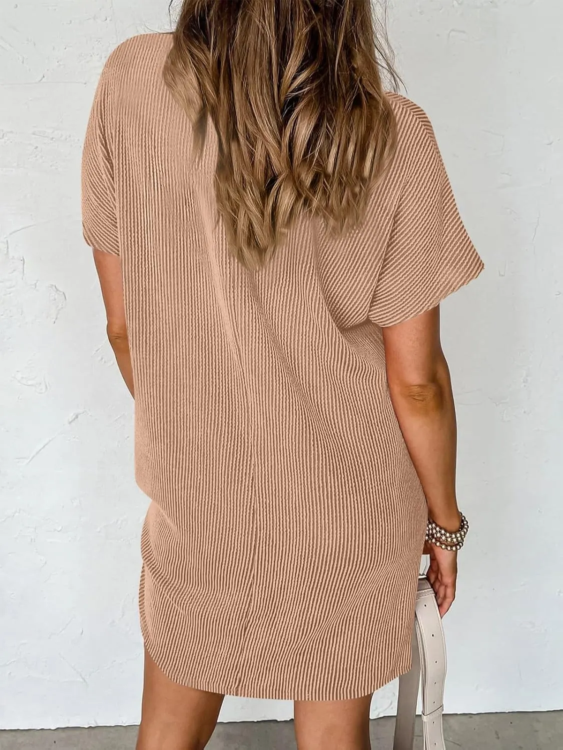 Melliflo Womens Summer Short Sleeve Dresses Striped Textured Ribbed Mini Dress Patchwork Irregular Short Dress