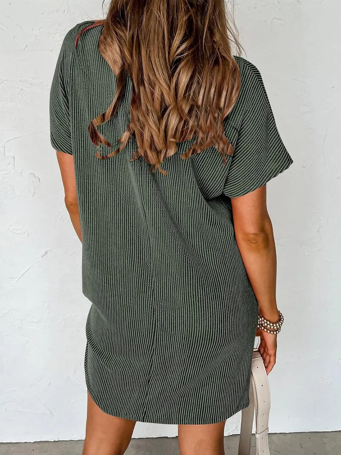 Melliflo Womens Summer Short Sleeve Dresses Striped Textured Ribbed Mini Dress Patchwork Irregular Short Dress