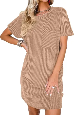 Melliflo Womens Summer Short Sleeve Dresses Striped Textured Ribbed Mini Dress Patchwork Irregular Short Dress