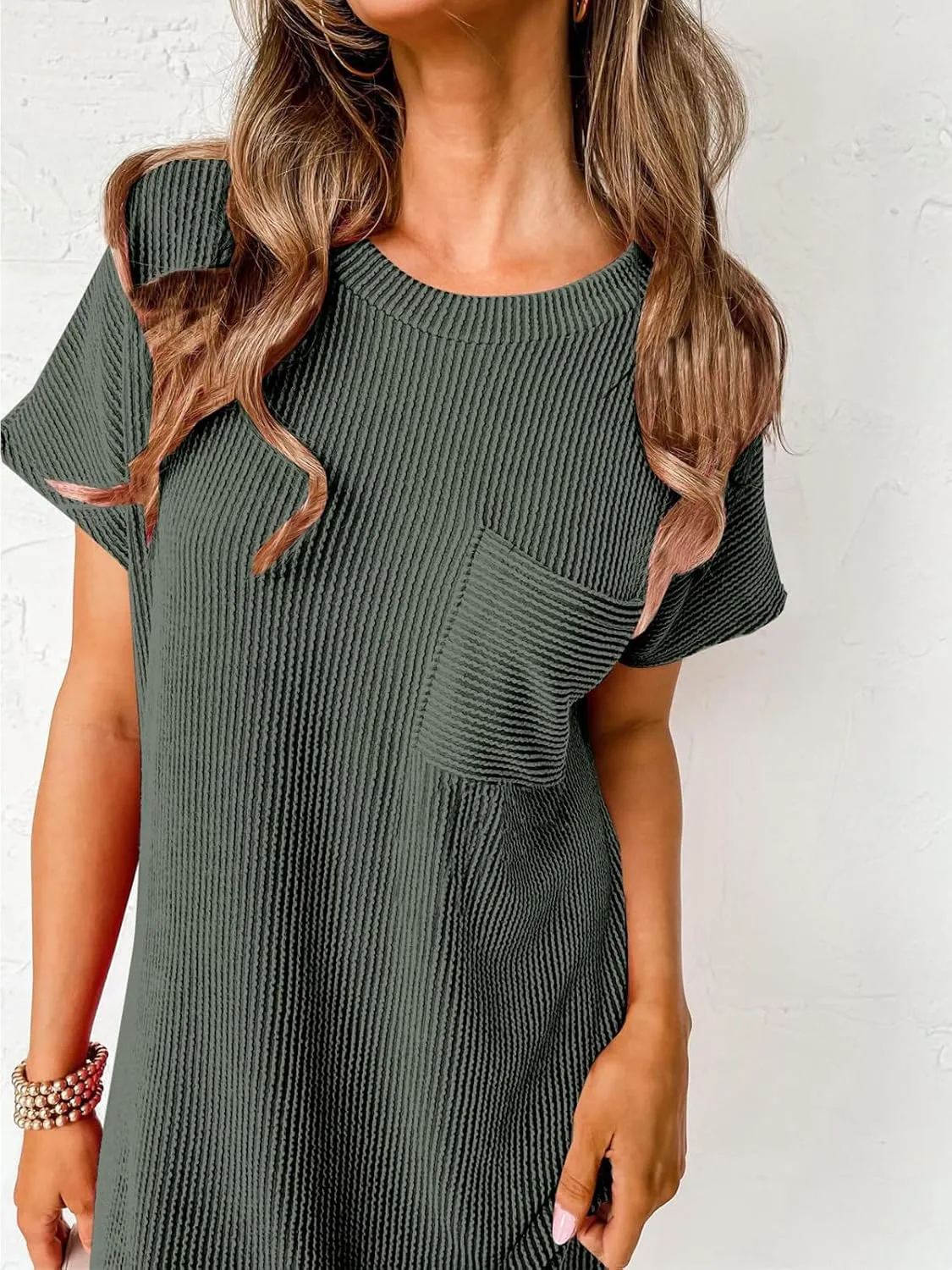 Melliflo Womens Summer Short Sleeve Dresses Striped Textured Ribbed Mini Dress Patchwork Irregular Short Dress