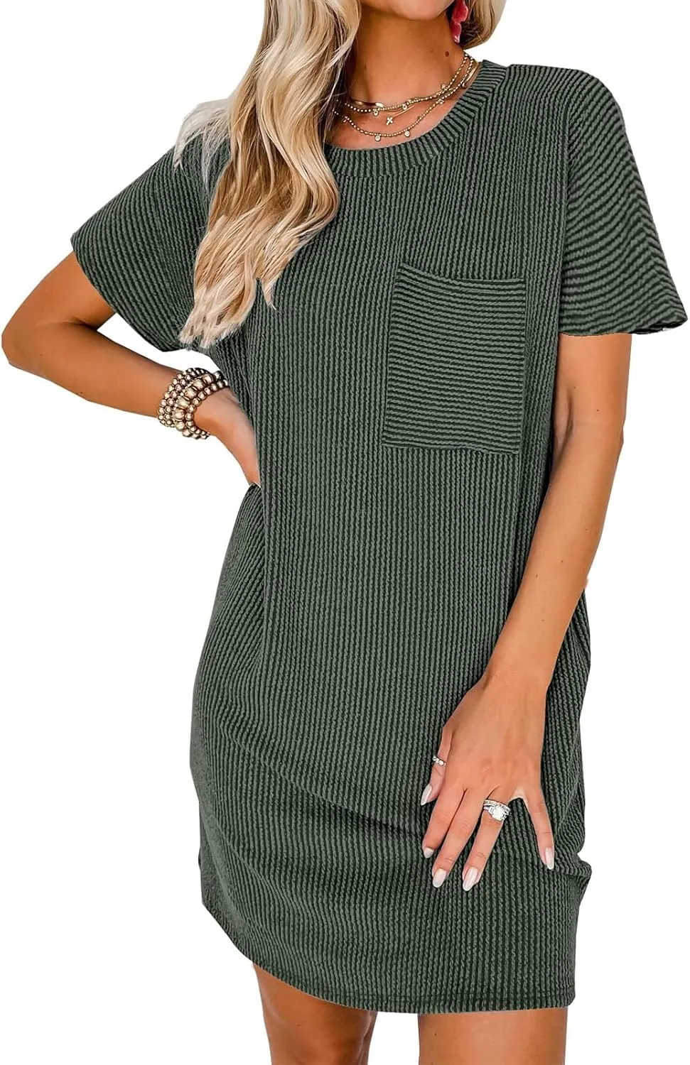 Melliflo Womens Summer Short Sleeve Dresses Striped Textured Ribbed Mini Dress Patchwork Irregular Short Dress