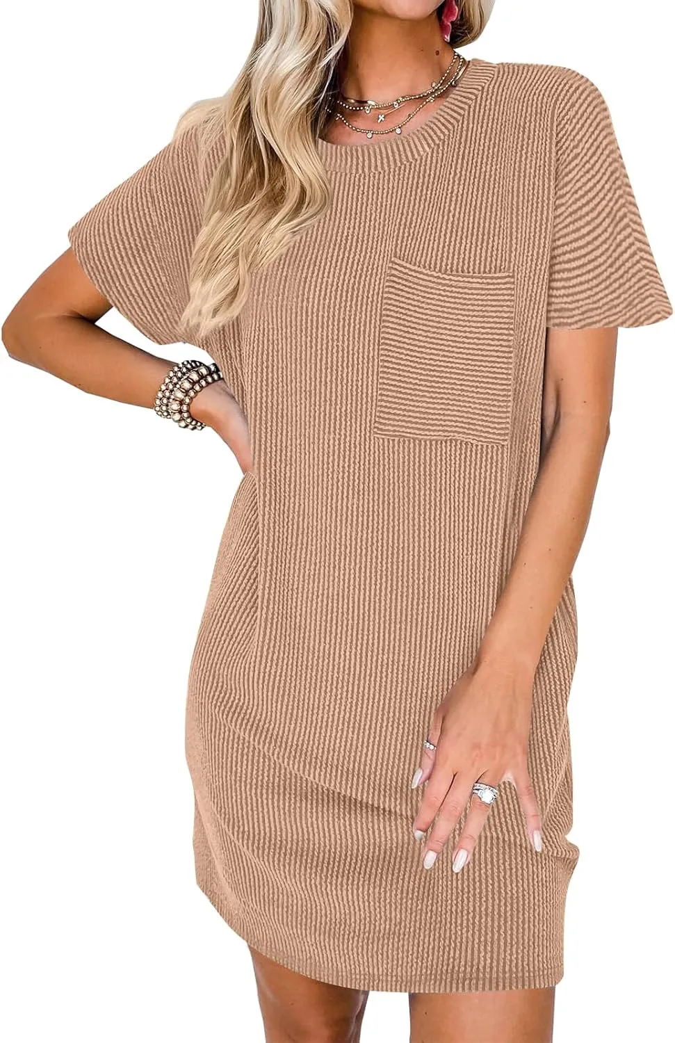 Melliflo Womens Summer Short Sleeve Dresses Striped Textured Ribbed Mini Dress Patchwork Irregular Short Dress
