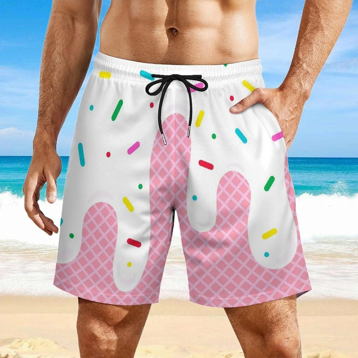 Men Cream Melted on Waffle Swim Trunks Vacation Beach Shorts with Pockets Compression Liner Quick Dry