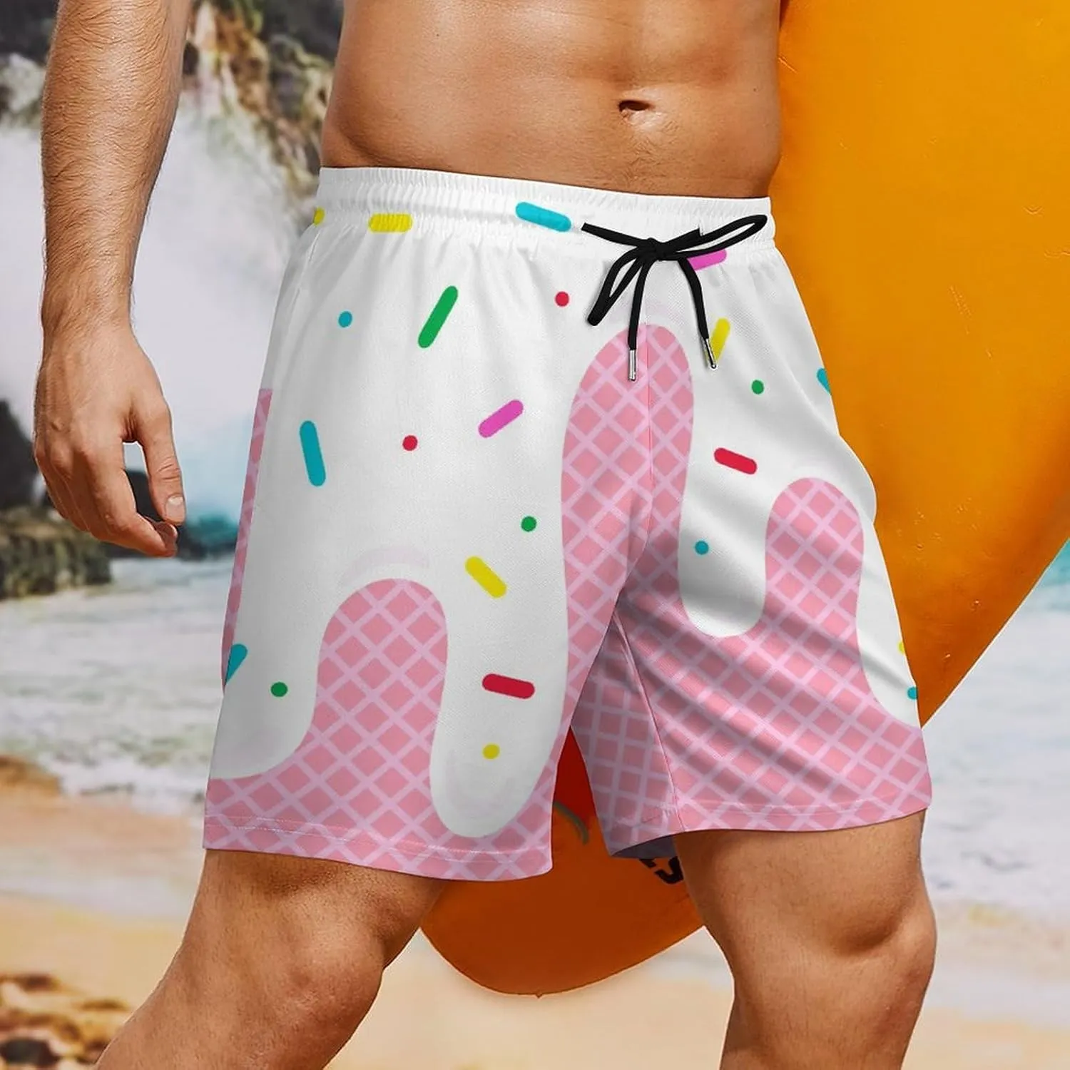 Men Cream Melted on Waffle Swim Trunks Vacation Beach Shorts with Pockets Compression Liner Quick Dry