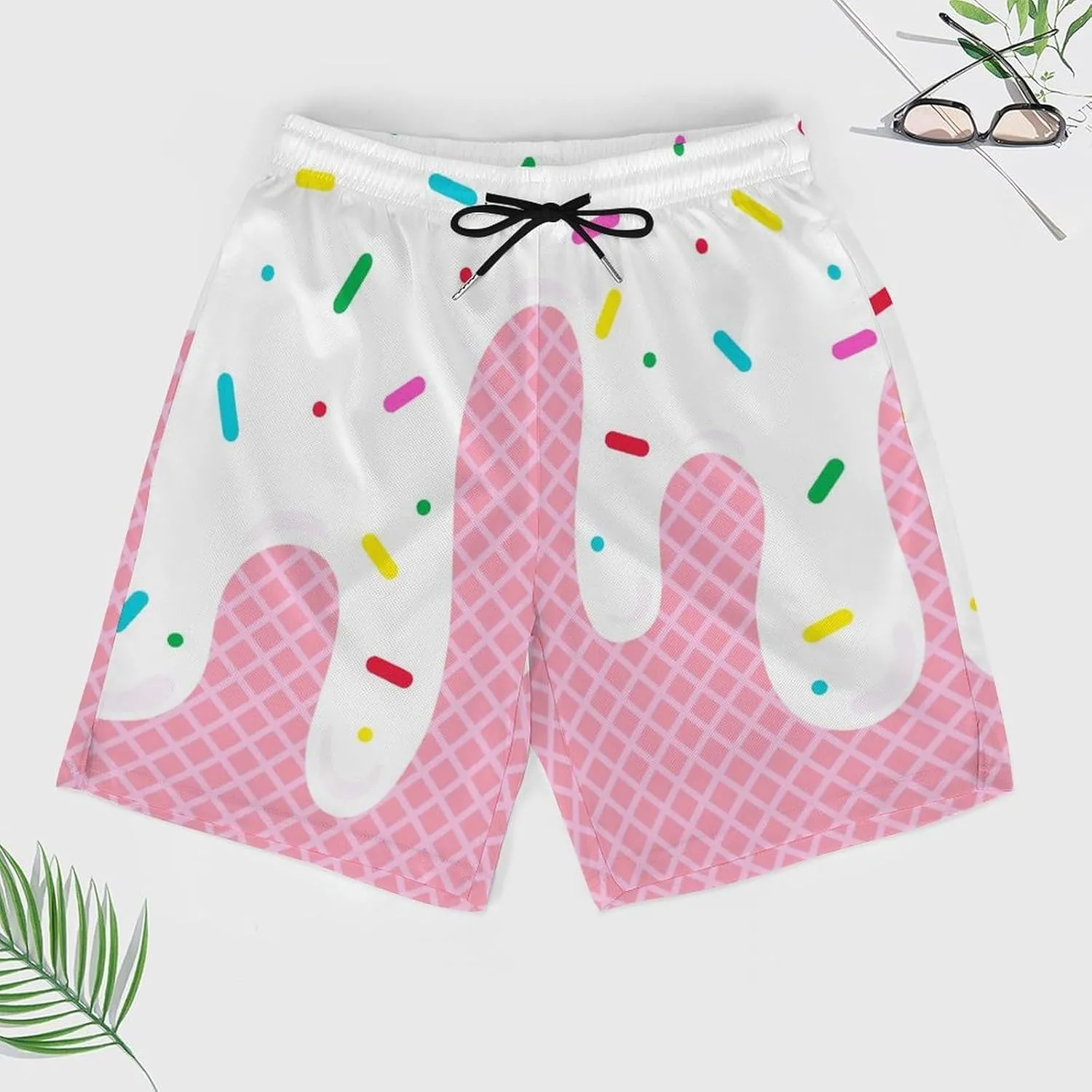 Men Cream Melted on Waffle Swim Trunks Vacation Beach Shorts with Pockets Compression Liner Quick Dry