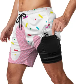 Men Cream Melted on Waffle Swim Trunks Vacation Beach Shorts with Pockets Compression Liner Quick Dry