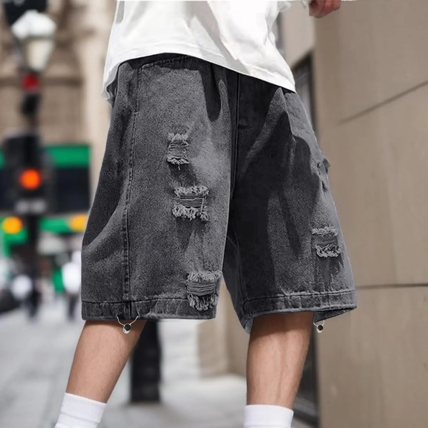Men Loose Y2K Hip Hop Long Jean Shorts Baggy Denim Shorts with Pockets Casual Summer Streetwear