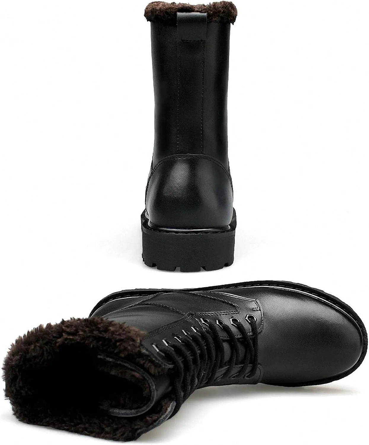 Mens Black High-Top Cowhide Motorcycle Army Military Tactical Combat Boots Flat-Soled Round-Toe Leather Outdoor Hunting Warm Non-Slip Hiking Mid-Calf Shoes Lace-Up Zipper Waterproof Puncture-Resistant