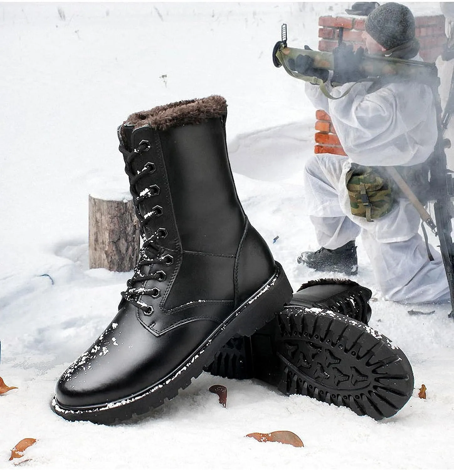 Mens Black High-Top Cowhide Motorcycle Army Military Tactical Combat Boots Flat-Soled Round-Toe Leather Outdoor Hunting Warm Non-Slip Hiking Mid-Calf Shoes Lace-Up Zipper Waterproof Puncture-Resistant