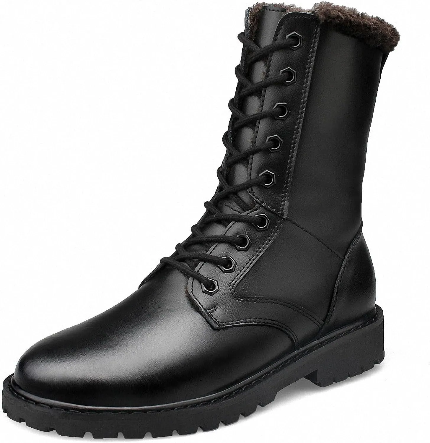 Mens Black High-Top Cowhide Motorcycle Army Military Tactical Combat Boots Flat-Soled Round-Toe Leather Outdoor Hunting Warm Non-Slip Hiking Mid-Calf Shoes Lace-Up Zipper Waterproof Puncture-Resistant
