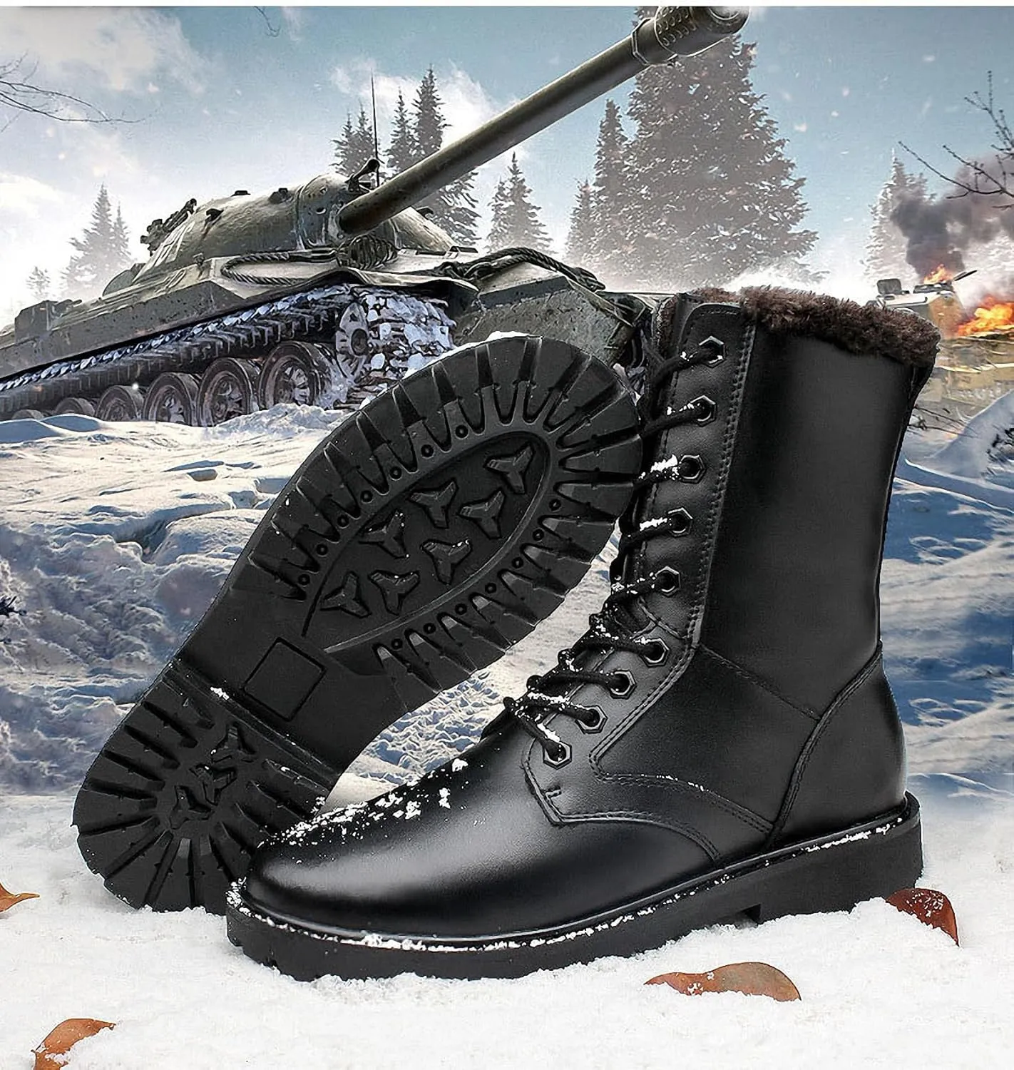 Mens Black High-Top Cowhide Motorcycle Army Military Tactical Combat Boots Flat-Soled Round-Toe Leather Outdoor Hunting Warm Non-Slip Hiking Mid-Calf Shoes Lace-Up Zipper Waterproof Puncture-Resistant