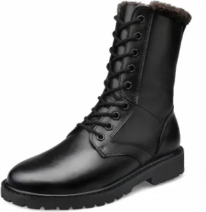 Mens Black High-Top Cowhide Motorcycle Army Military Tactical Combat Boots Flat-Soled Round-Toe Leather Outdoor Hunting Warm Non-Slip Hiking Mid-Calf Shoes Lace-Up Zipper Waterproof Puncture-Resistant