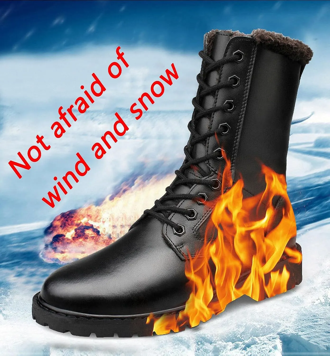 Mens Black High-Top Cowhide Motorcycle Army Military Tactical Combat Boots Flat-Soled Round-Toe Leather Outdoor Hunting Warm Non-Slip Hiking Mid-Calf Shoes Lace-Up Zipper Waterproof Puncture-Resistant