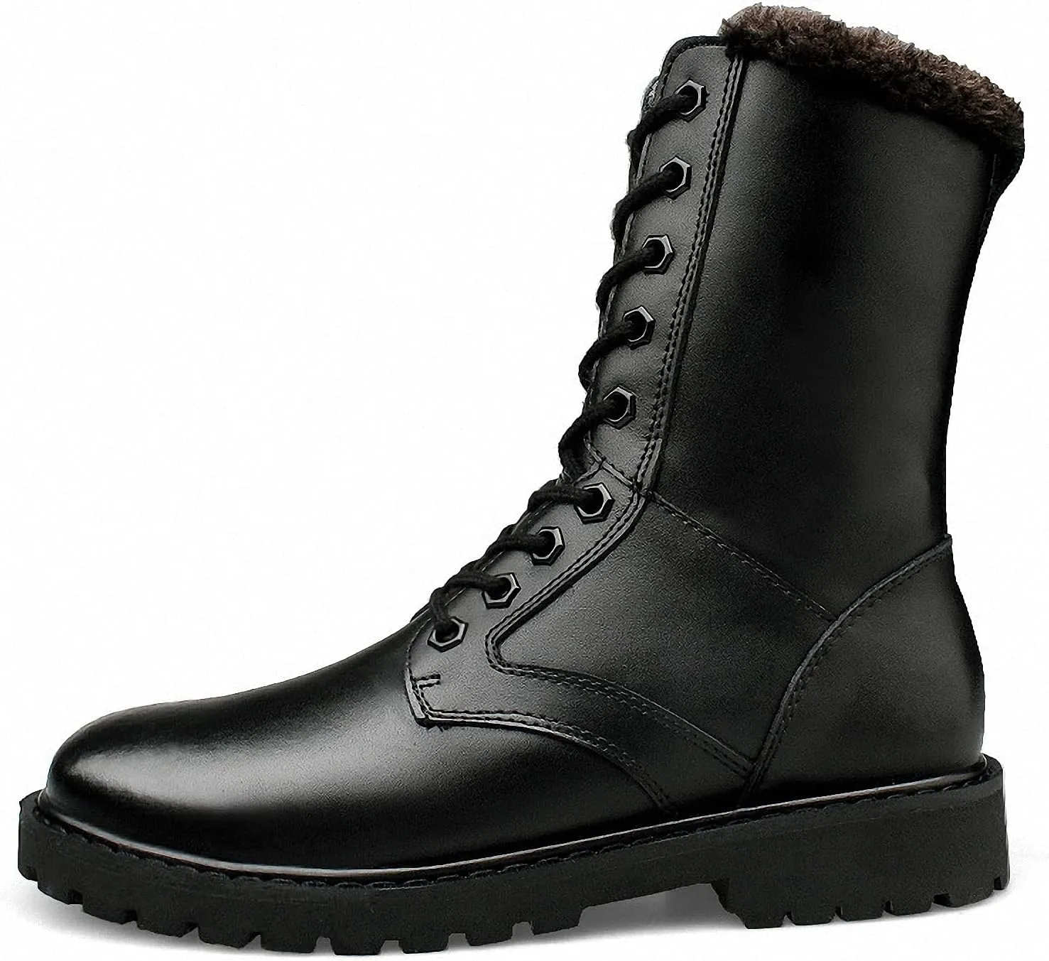 Mens Black High-Top Cowhide Motorcycle Army Military Tactical Combat Boots Flat-Soled Round-Toe Leather Outdoor Hunting Warm Non-Slip Hiking Mid-Calf Shoes Lace-Up Zipper Waterproof Puncture-Resistant