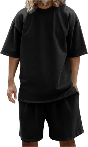 Mens Casual 2 Piece Outfits Summer Fashion Short Sleeve Tee and Shorts Lounge Sets Men Solid Vacation Beach Outfits