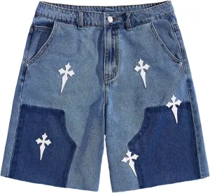 Men's Cross Pattern Patch Raw Hem Jean Shorts Color Block Cut Off Denim Shorts