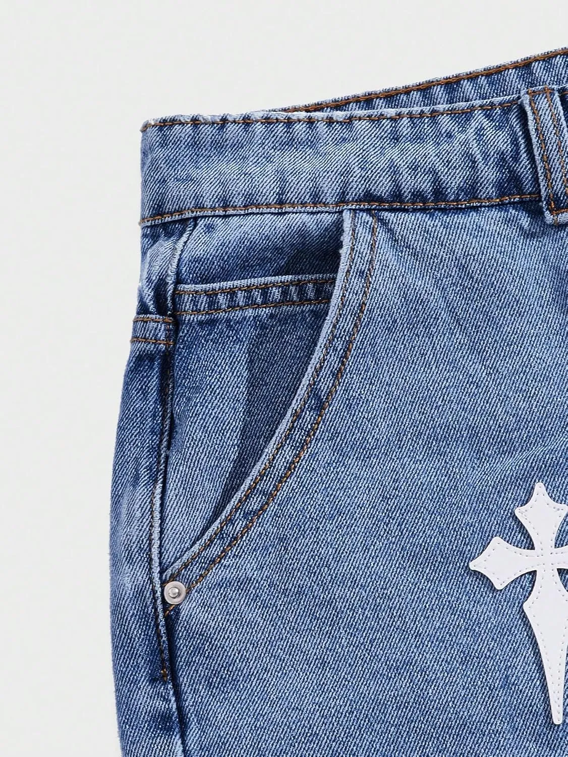 Men's Cross Pattern Patch Raw Hem Jean Shorts Color Block Cut Off Denim Shorts