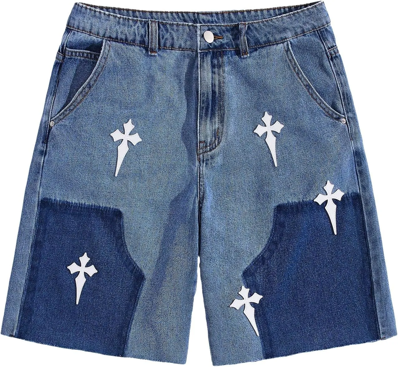 Men's Cross Pattern Patch Raw Hem Jean Shorts Color Block Cut Off Denim Shorts