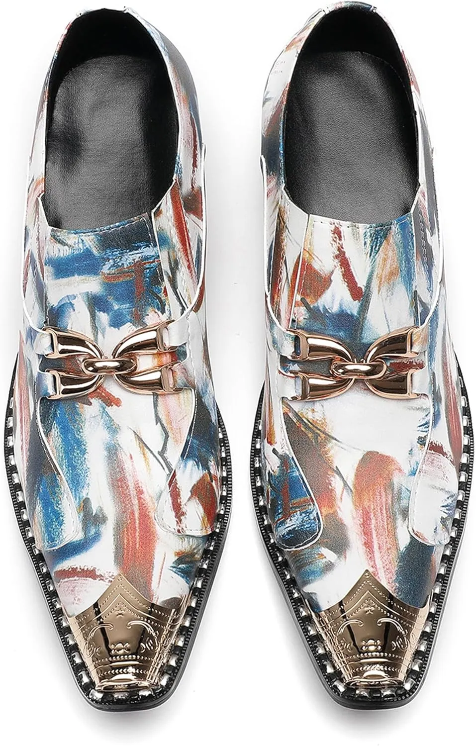 Men's Dress Caual Slip-On Shoes with Metallic Toe – Fashionable Colorful Art Print Penny Loafers with Unique Artistic Design for Casual, Party, Ballroom & Bar Formal Wear