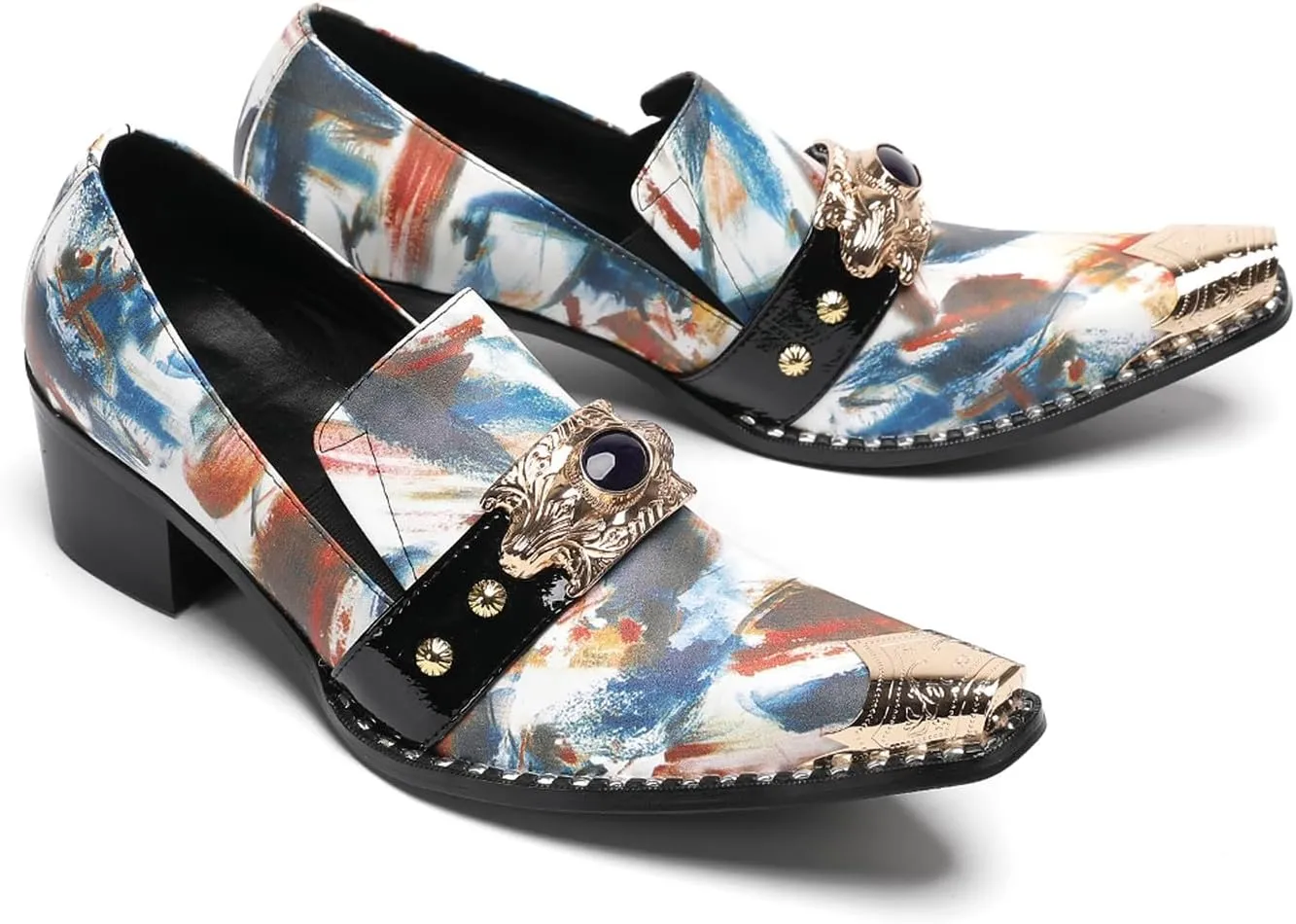 Men's Dress Caual Slip-On Shoes with Metallic Toe – Fashionable Colorful Art Print Penny Loafers with Unique Artistic Design for Casual, Party, Ballroom & Bar Formal Wear