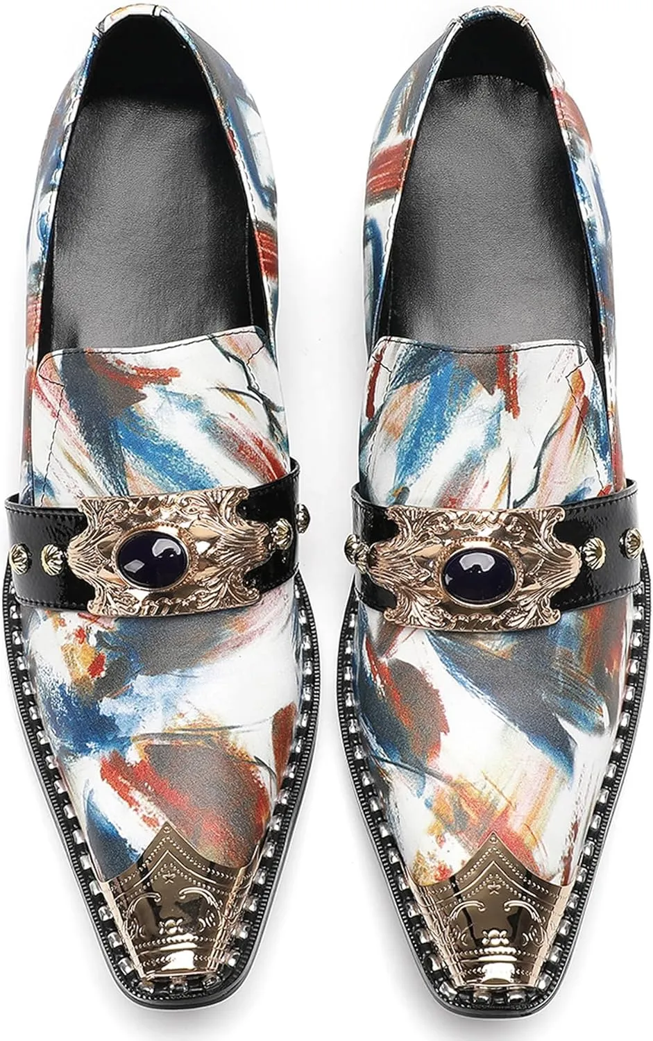 Men's Dress Caual Slip-On Shoes with Metallic Toe – Fashionable Colorful Art Print Penny Loafers with Unique Artistic Design for Casual, Party, Ballroom & Bar Formal Wear