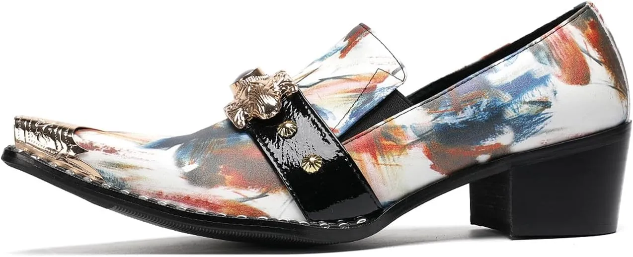 Men's Dress Caual Slip-On Shoes with Metallic Toe – Fashionable Colorful Art Print Penny Loafers with Unique Artistic Design for Casual, Party, Ballroom & Bar Formal Wear