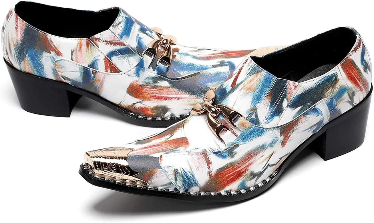 Men's Dress Caual Slip-On Shoes with Metallic Toe – Fashionable Colorful Art Print Penny Loafers with Unique Artistic Design for Casual, Party, Ballroom & Bar Formal Wear