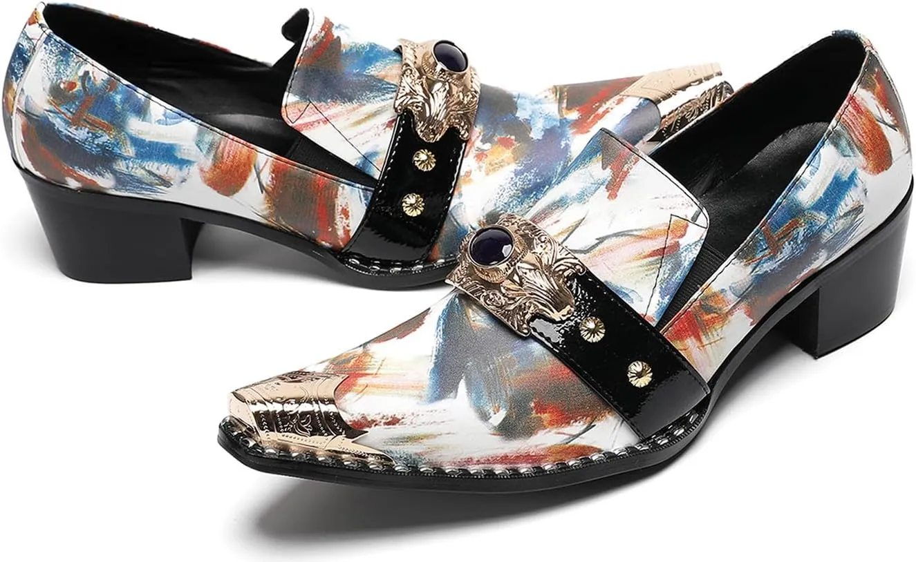 Men's Dress Caual Slip-On Shoes with Metallic Toe – Fashionable Colorful Art Print Penny Loafers with Unique Artistic Design for Casual, Party, Ballroom & Bar Formal Wear