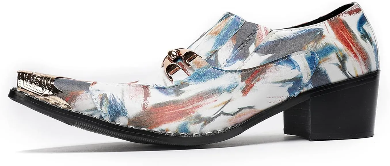 Men's Dress Caual Slip-On Shoes with Metallic Toe – Fashionable Colorful Art Print Penny Loafers with Unique Artistic Design for Casual, Party, Ballroom & Bar Formal Wear