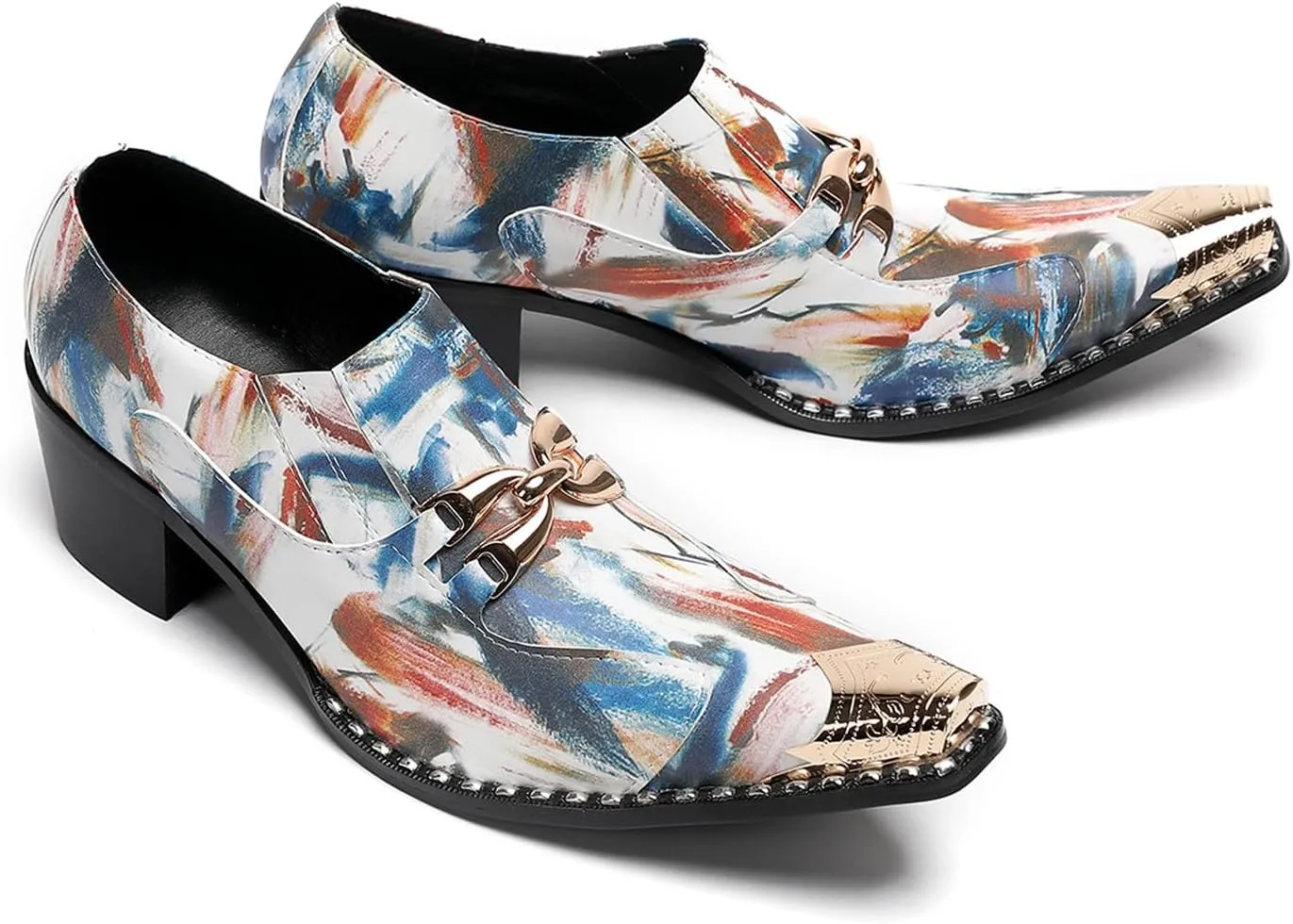 Men's Dress Caual Slip-On Shoes with Metallic Toe – Fashionable Colorful Art Print Penny Loafers with Unique Artistic Design for Casual, Party, Ballroom & Bar Formal Wear