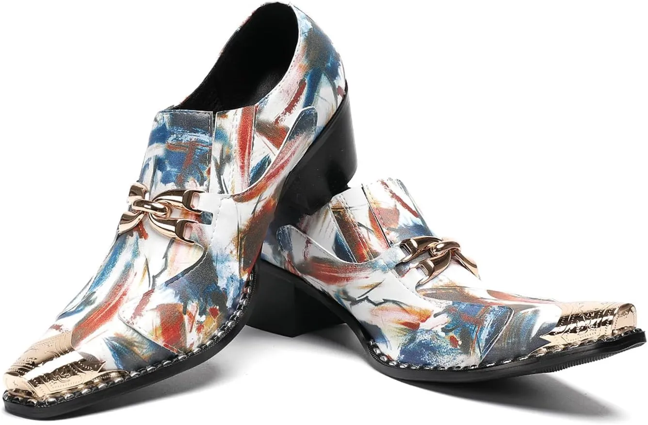Men's Dress Caual Slip-On Shoes with Metallic Toe – Fashionable Colorful Art Print Penny Loafers with Unique Artistic Design for Casual, Party, Ballroom & Bar Formal Wear